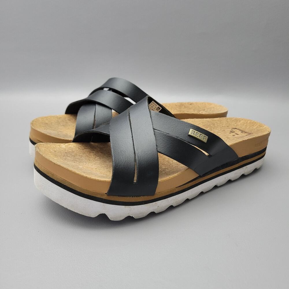 Reef Cushion Bloom Hi Womens Sz 9 Black Tan Beach Casual Outdoor Slide Sandals